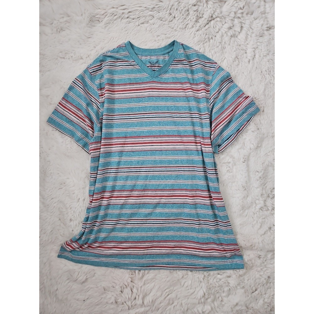 Y2K 2000s Faded Glory Heather Teal Striped Vneck T-Shirt Distressed XL - Picture 1 of 12